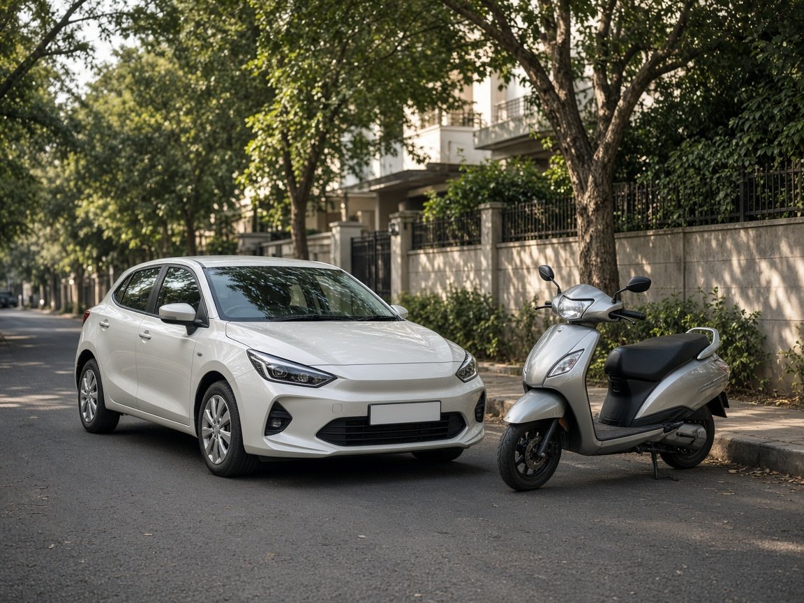 A private car and a scooter parked on a quiet street